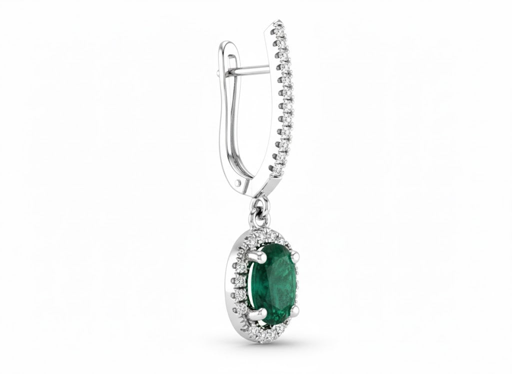 14K white Gold .75ct Oval Emerald & .18ct Diamond Dangle Earrings