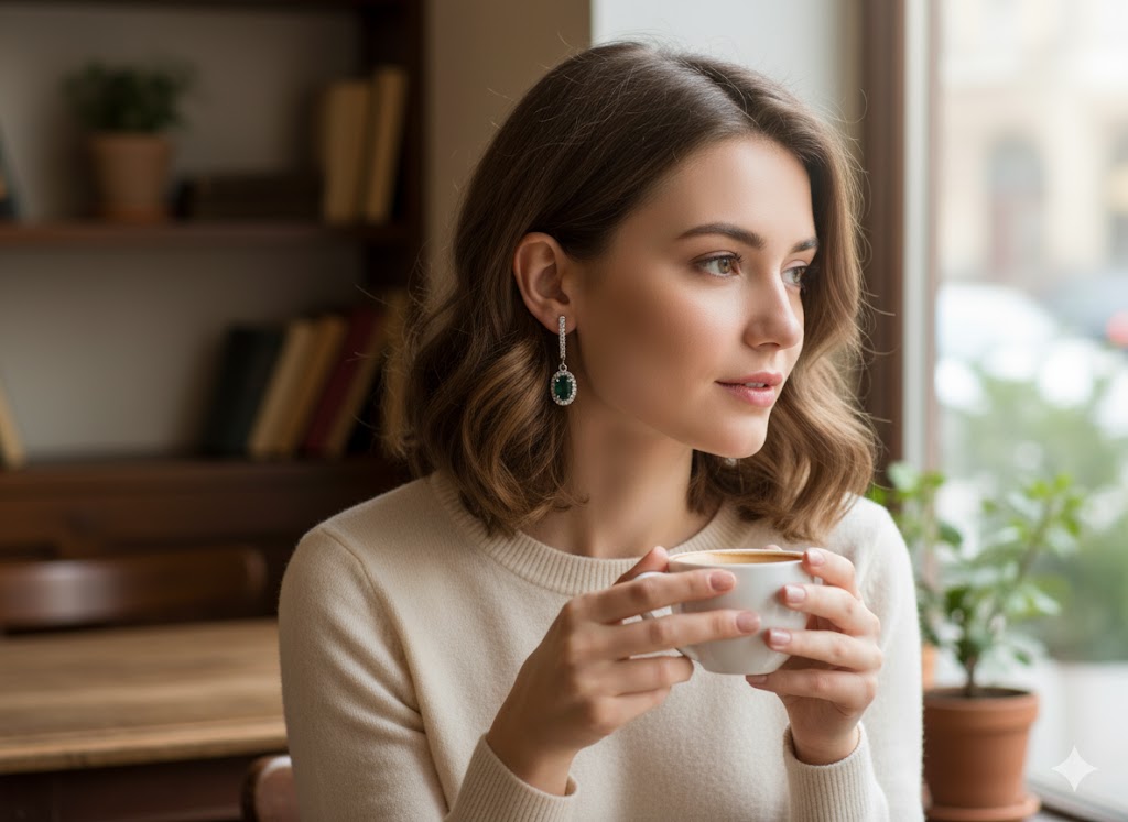 14K white Gold .75ct Oval Emerald & .18ct Diamond Dangle Earrings