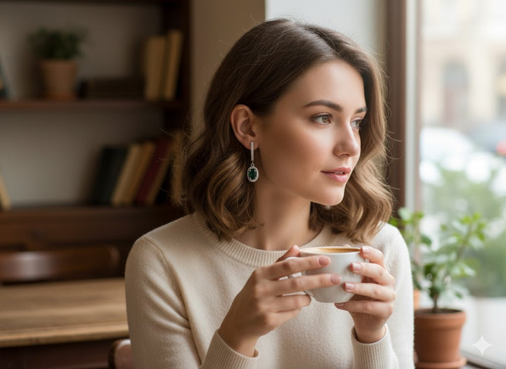 14K white Gold .75ct Oval Emerald & .18ct Diamond Dangle Earrings