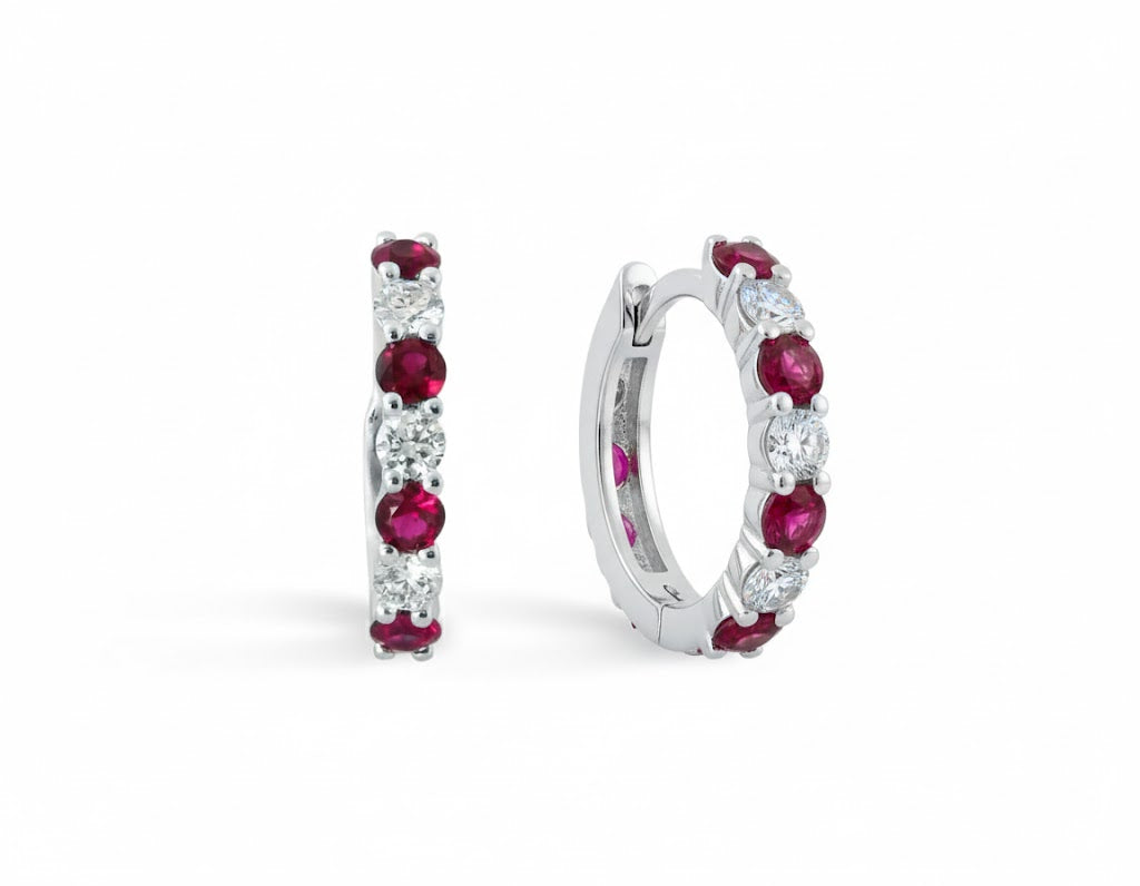 14K White Gold .58ct Ruby & .37ct Diamond Huggie Earrings, The rich red hue of the rubies contrasts beautifully with the bright diamond brilliance - 1779332229 - Brownee Jewelers