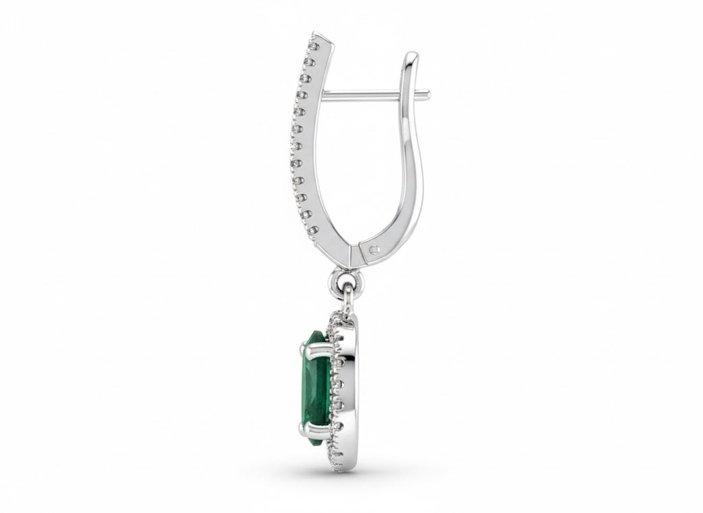 14K white Gold .75ct Oval Emerald & .18ct Diamond Dangle Earrings