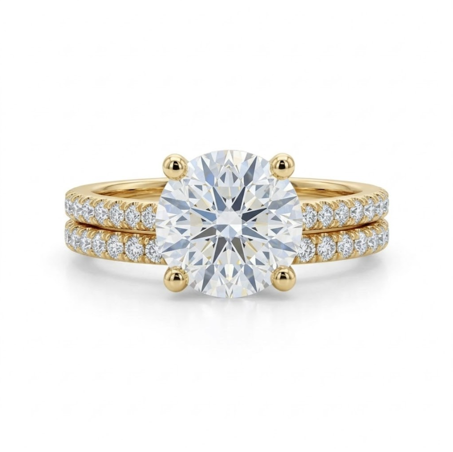 2.50 ctw Lab-Grown Diamond Engagement Ring Set | 14K Yellow Gold | 2.00 ct Round VS1–VS2 F/G | Pavé Bridal Set - Brownee Jewelers