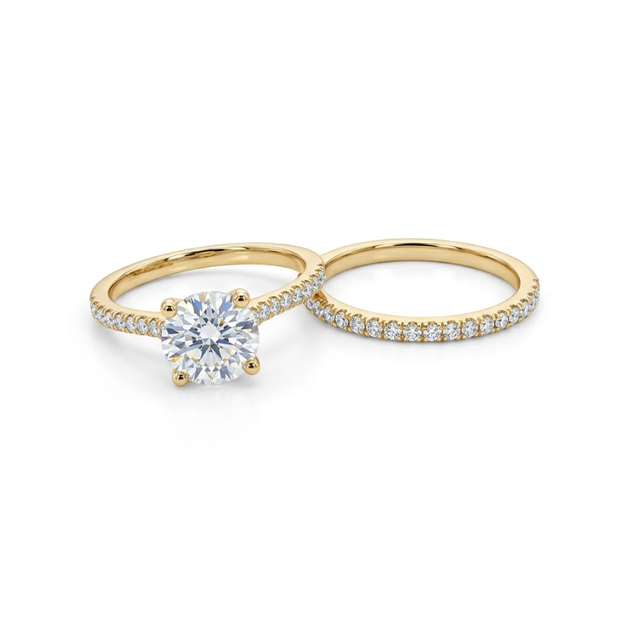 2.50 ctw Lab-Grown Diamond Engagement Ring Set | 14K Yellow Gold | 2.00 ct Round VS1–VS2 F/G | Pavé Bridal Set - Brownee Jewelers