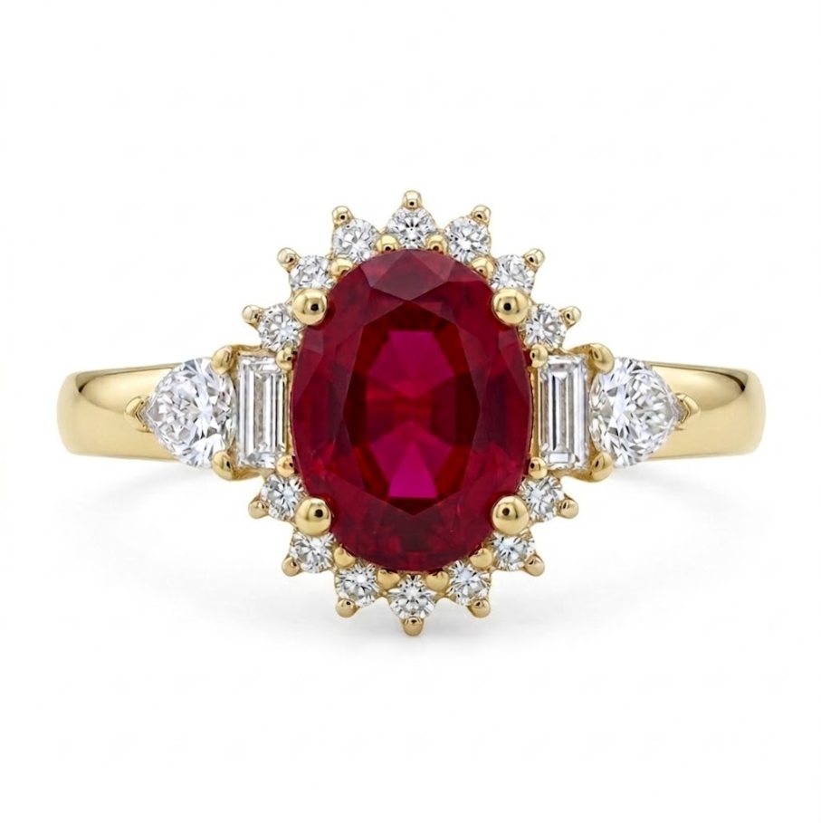 Oval Ruby & Lab-Grown Diamond Halo Ring | 1.65 ct Ruby | 0.40 ctw Diamonds | 10K Yellow Gold - Brownee Jewelers