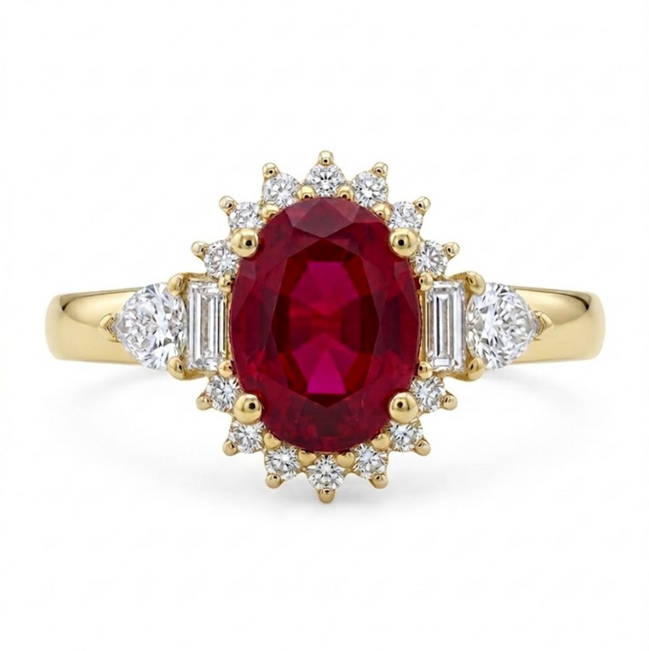 Oval Ruby & Lab-Grown Diamond Halo Ring | 1.65 ct Ruby | 0.40 ctw Diamonds | 10K Yellow Gold - Brownee Jewelers