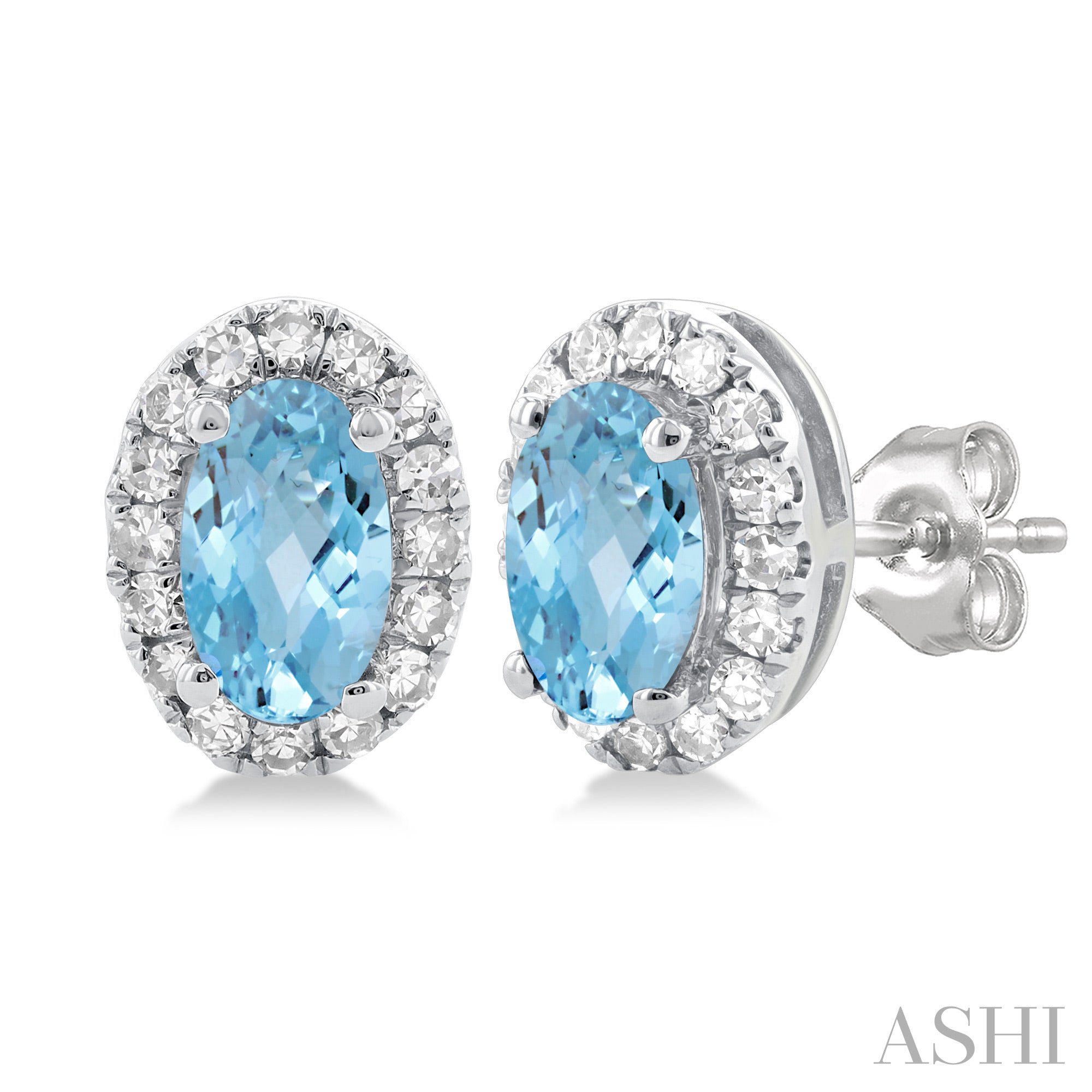 ASHI | Oval Aquamarine Diamond Halo Stud Earrings | 10K White Gold | 0.13 ctw | Friction Back - Brownee Jewelers