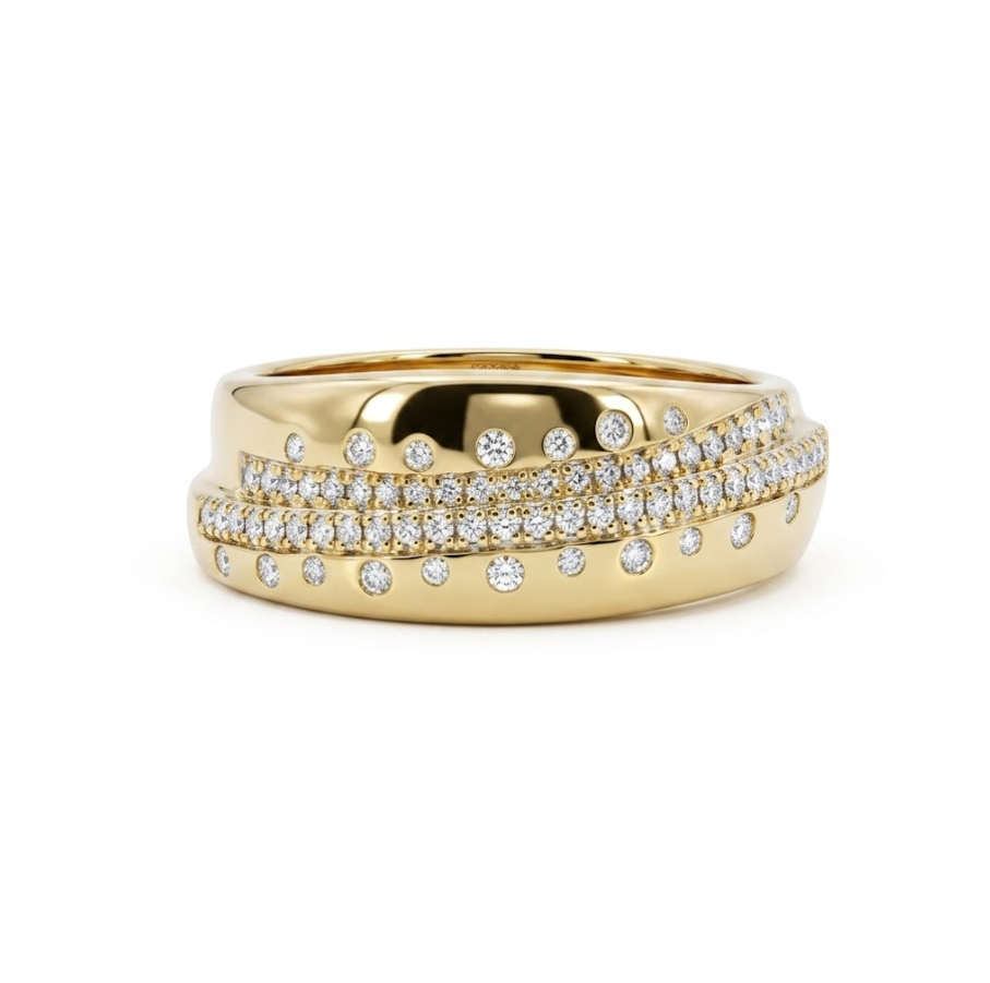 Round Diamond Wide Band Ring | 14K Yellow Gold | 0.33 ctw | Bezel & Pavé Modern Statement Band - Brownee Jewelers