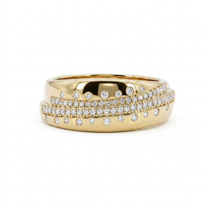 Round Diamond Wide Band Ring | 14K Yellow Gold | 0.33 ctw | Bezel & Pavé Modern Statement Band - Brownee Jewelers