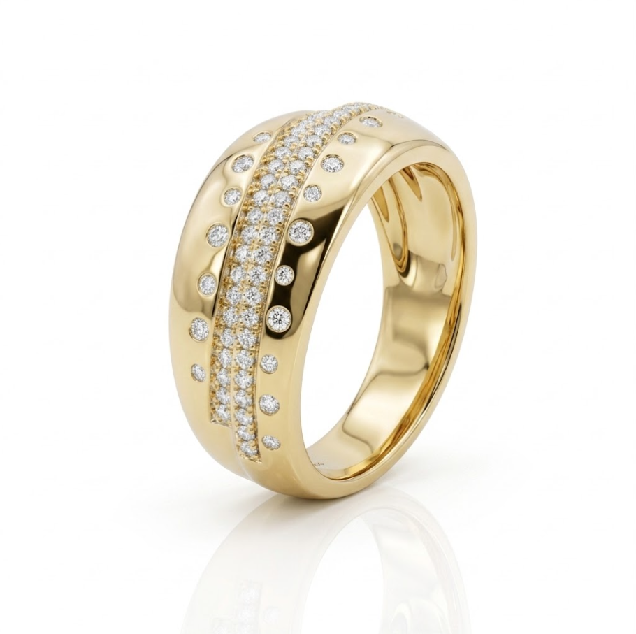 Round Diamond Wide Band Ring | 14K Yellow Gold | 0.33 ctw | Bezel & Pavé Modern Statement Band - Brownee Jewelers