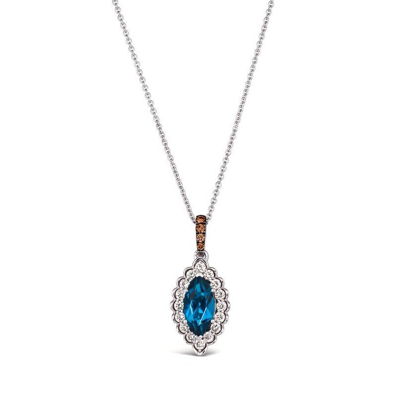 Le Vian® 14K Vanilla Gold® Deep Sea Blue Topaz™ & Nude/Chocolate Diamond® Pendant (1.25ctw) Elegant and eye-catching, this Le Vian® pendant showcases a brilliant 1 ct. Deep Sea Blue Topaz™ framed by 1/4 cts. of sparkling Nude Diamonds™ in a scalloped vintage-inspired halo