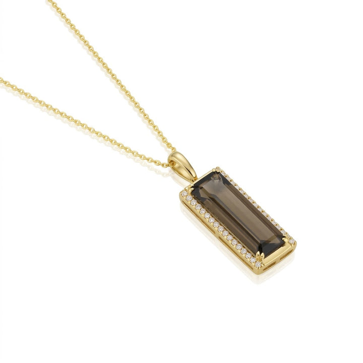 4.25 TOTAL CARAT WEIGHT EMERLD CUT CHOCOLATE QUARTZ AND .20 TOTAL CARAT WEIGHT ROUND SIDE DIAMONDS PENDANT IN 14K YELLOW GOLD