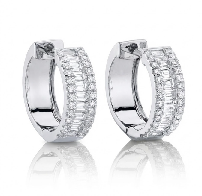 Baguette Diamond Huggie Earrings | 14K White Gold | 0.49 ctw Baguette & Round Diamonds - Brownee Jewelers