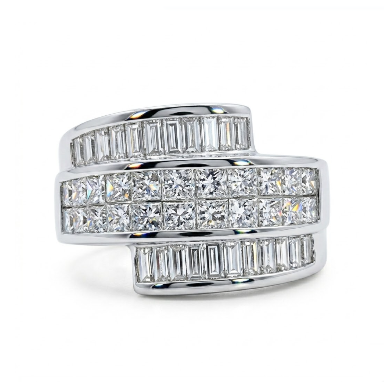 Princess & Baguette Diamond Wide Band | 18K White Gold | Geometric Statement Ring - Brownee Jewelers