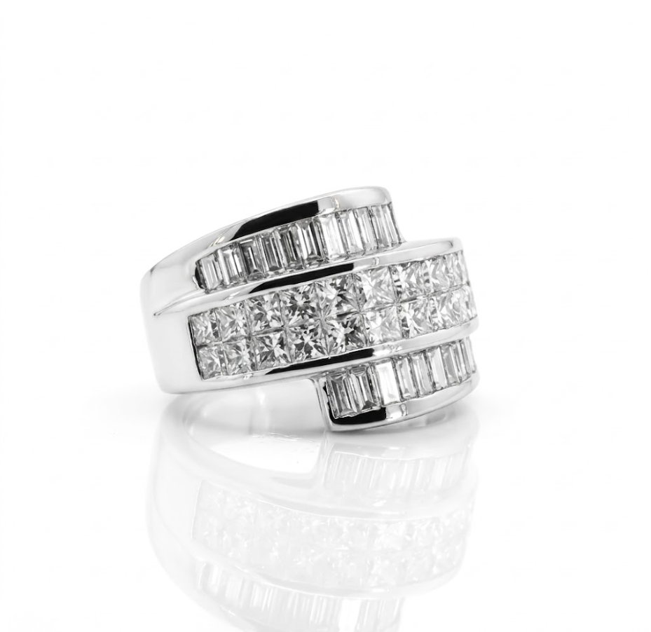 Princess & Baguette Diamond Wide Band | 18K White Gold | Geometric Statement Ring - Brownee Jewelers
