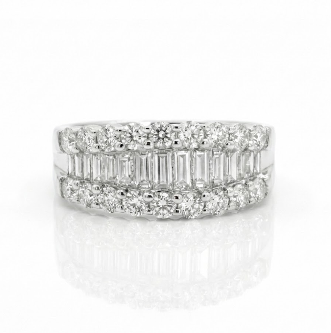 Round & Baguette Diamond Band | 14K White Gold | Multi-Row Halo Design | Diamond Fashion Ring - Brownee Jewelers