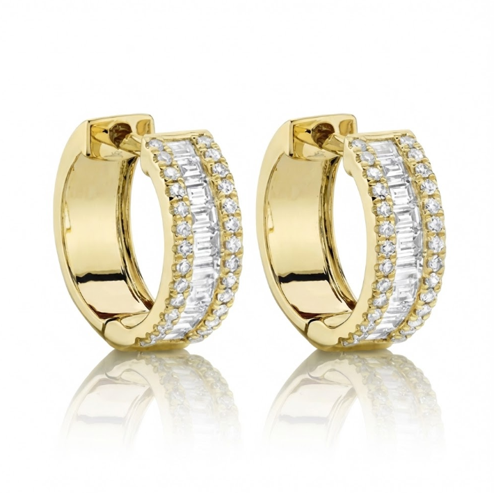 Diamond Baguette Huggie Earrings | 14K Yellow Gold | 0.49 ctw | Hinged Hoop Earrings - Brownee Jewelers