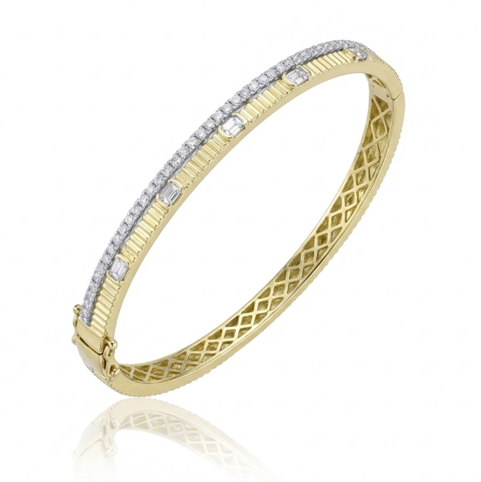 Gold Rib Textured Bangle Diamond Emerald Ribbed Bangle | 14K Yellow Gold | 1.13 ctw | Textured ...