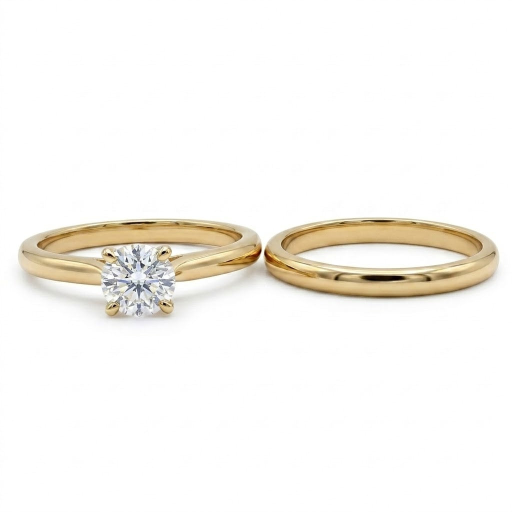 Round Diamond Solitaire Bridal Set | 14K Yellow Gold | Classic Diamond Engagement Ring & Wedding Band Set | 0.70 CTW - Brownee Jewelers
