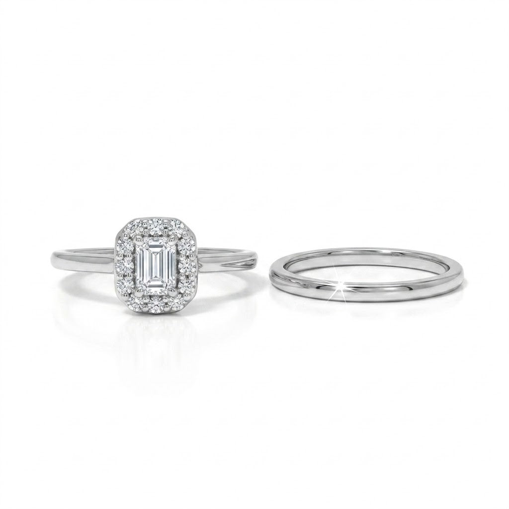 Emerald-Cut Diamond Bridal Set | 14K White Gold | Engagement Ring & Wedding Band Set | 0.37 CT Emerald-Cut Diamond Center | Halo Diamond Accents - Brownee Jewelers