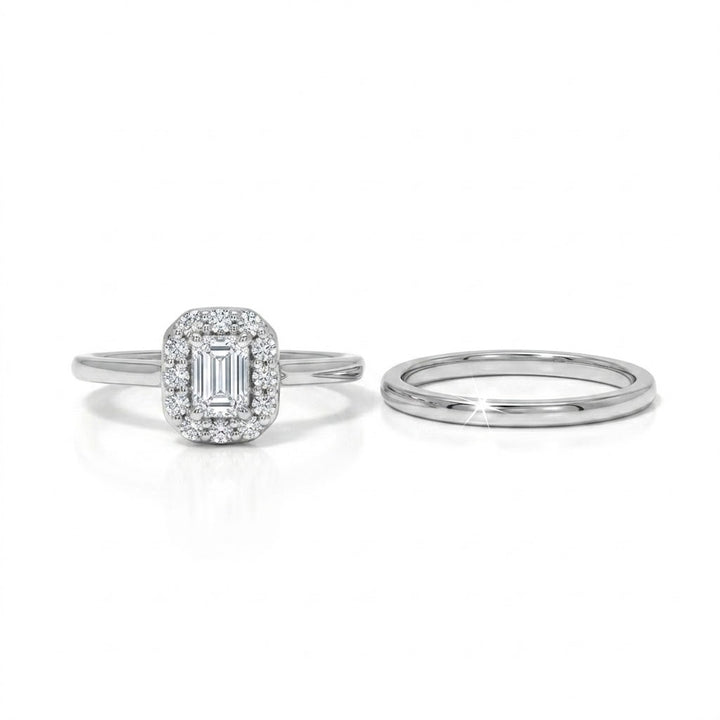 Emerald-Cut Diamond Bridal Set | 14K White Gold | Engagement Ring & Wedding Band Set | 0.37 CT Emerald-Cut Diamond Center | Halo Diamond Accents - Brownee Jewelers