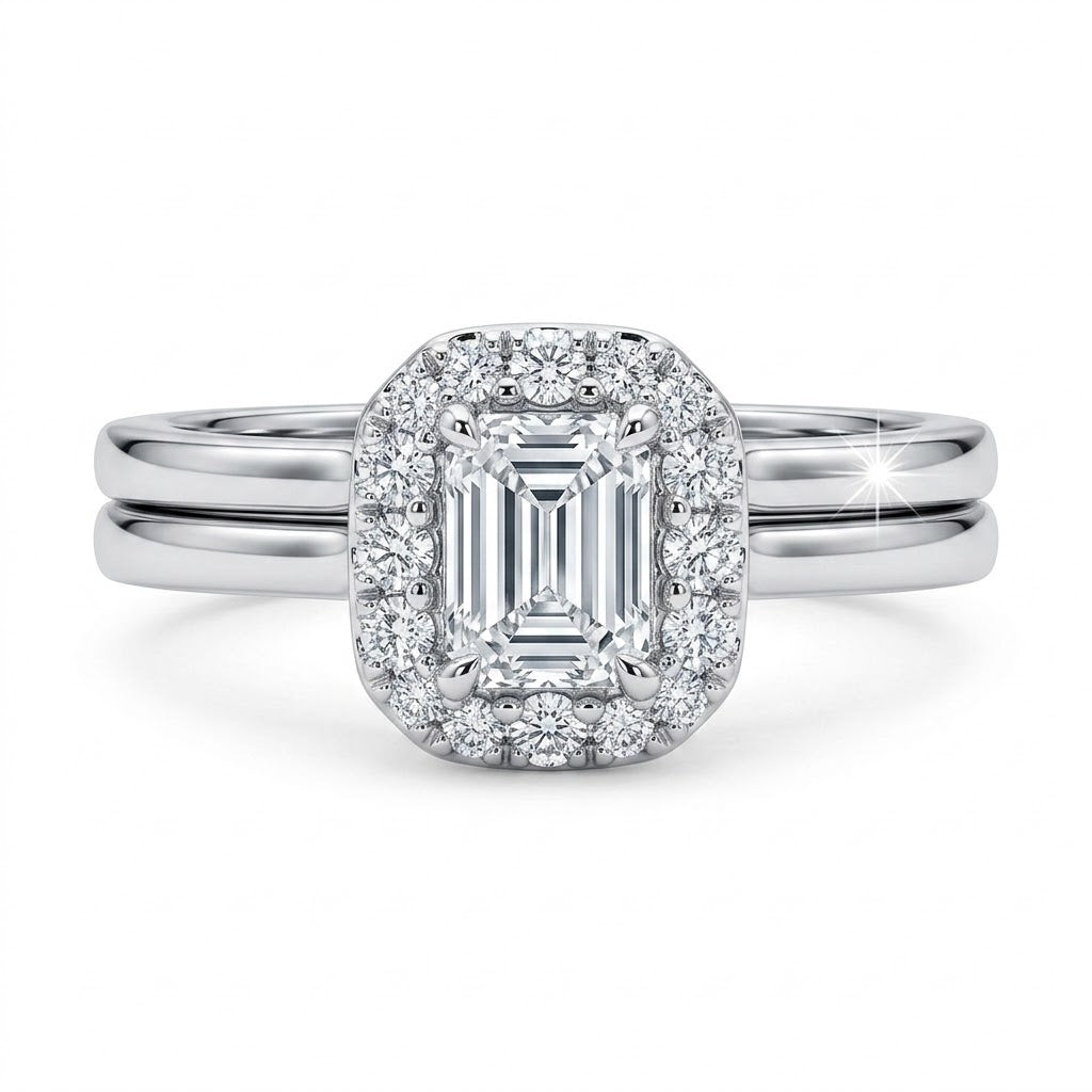 Emerald-Cut Diamond Bridal Set | 14K White Gold | Engagement Ring & Wedding Band Set | 0.37 CT Emerald-Cut Diamond Center | Halo Diamond Accents - Brownee Jewelers