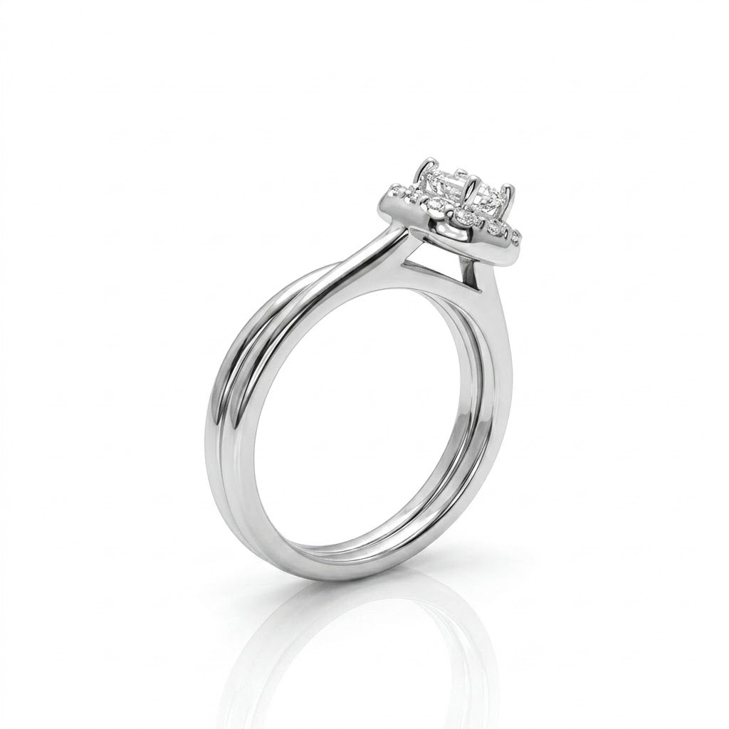 Emerald-Cut Diamond Bridal Set | 14K White Gold | Engagement Ring & Wedding Band Set | 0.37 CT Emerald-Cut Diamond Center | Halo Diamond Accents - Brownee Jewelers
