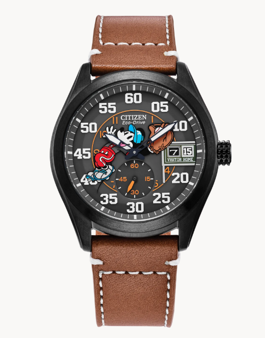 Citizen Batter's Up Mickey | Eco-Drive Watch | Black Ion-Plated Stainless Steel | Black Dial | Brown Leather Strap | Disney Collaboration | BV1089-05W - Brownee Jewelers