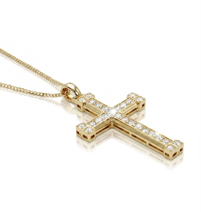 Round Diamond Square Cross Pendant Necklace | 10K Yellow Gold | Pavé Set | Classic Religious Design - Brownee Jewelers