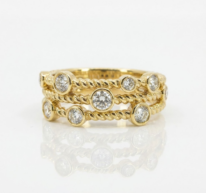 Round Diamond Bezel Station Band | 14K Yellow Gold | Diamond Fashion Ring | Beaded Stackable Design - Brownee Jewelers