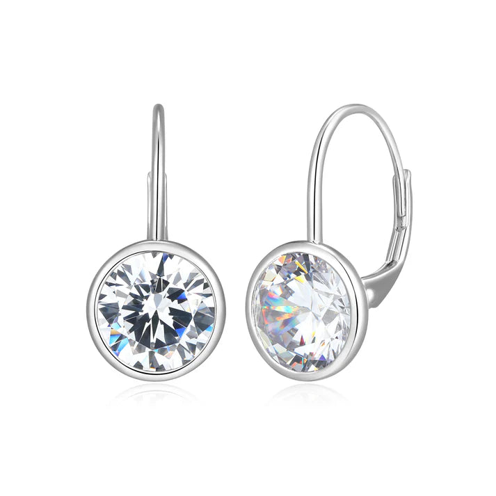 Sterling Silver Rhodium-Plated Bezel-Set 9MM Round Solitaire Cubic Zirconia Leverback Earrings