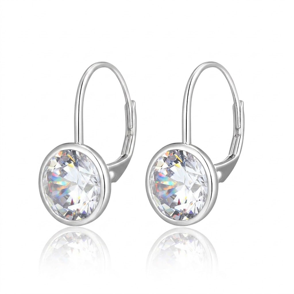 Sterling Silver Rhodium-Plated Bezel-Set 9MM Round Solitaire Cubic Zirconia Leverback Earrings