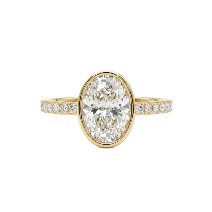 Oval Lab-Grown Diamond Engagement Ring | 14K Yellow Gold | 2.25 ctw Oval VS/E-F | Bezel Set with Pavé Band - Brownee Jewelers