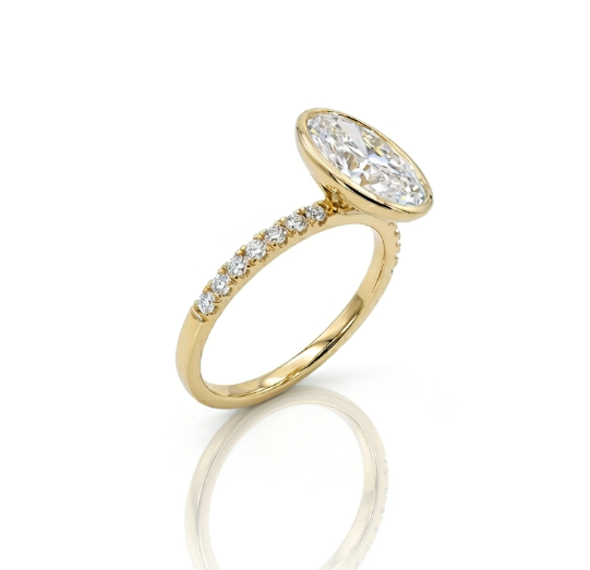 Oval Lab-Grown Diamond Engagement Ring | 14K Yellow Gold | 2.25 ctw Oval VS/E-F | Bezel Set with Pavé Band - Brownee Jewelers