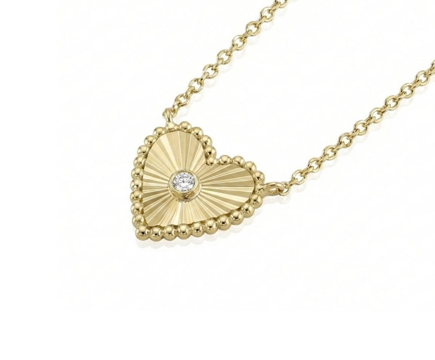 Ribbed Heart Diamond Necklace | 14K Yellow Gold | 0.02 ctw | Bezel Heart Pendant - Brownee Jewelers