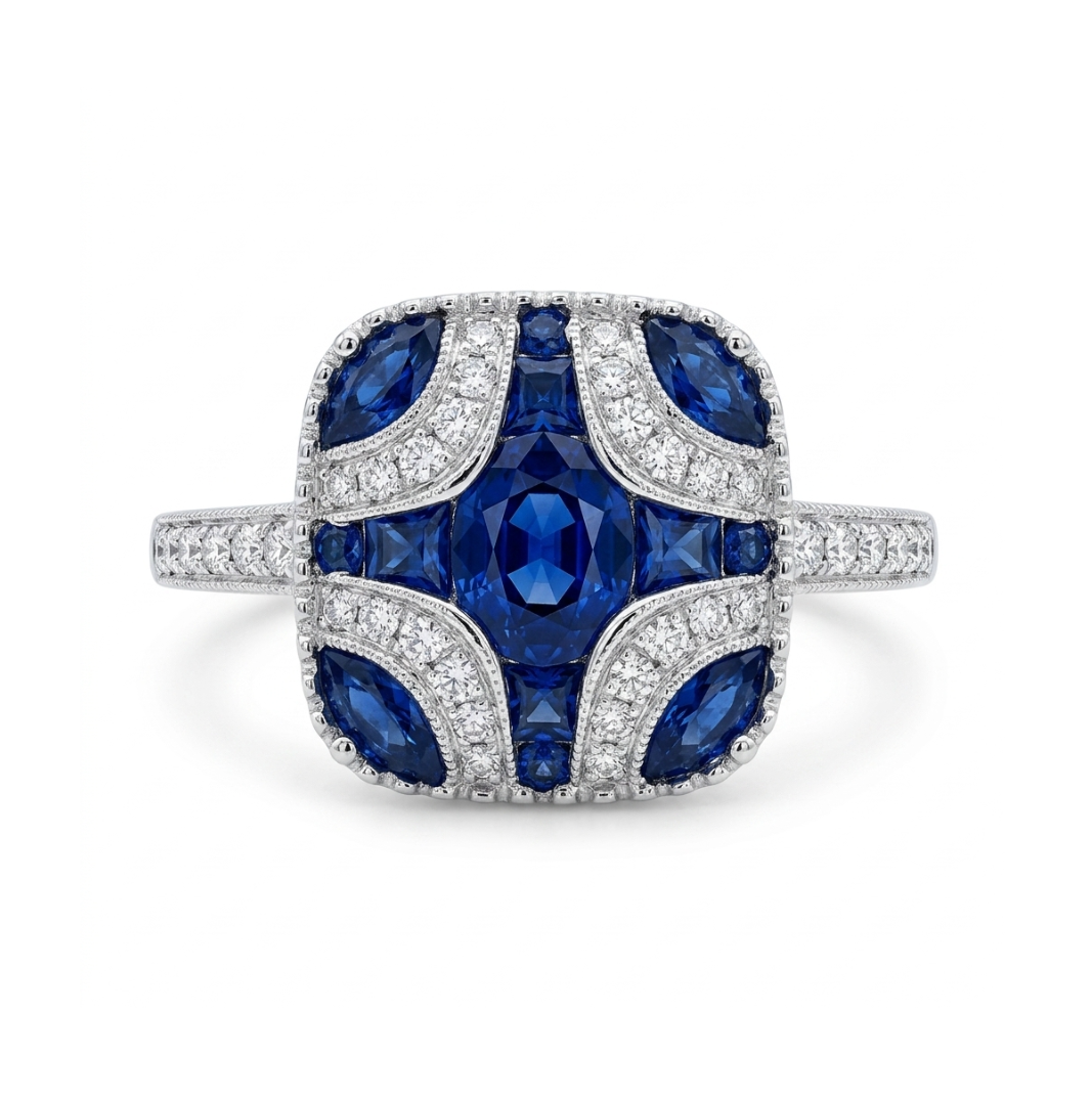 Blue Sapphire & Diamond Ring | 18K White Gold | 1.02CT Sapphire & .23CT Diamond Accent Ring | Vintage-Inspired Cushion Halo - Brownee Jewelers