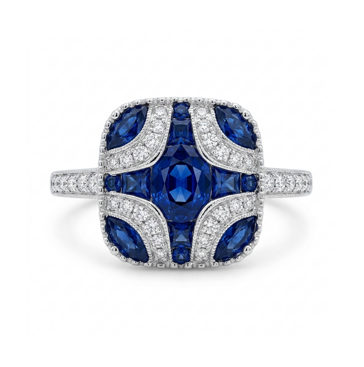 Blue Sapphire & Diamond Ring | 18K White Gold | 1.02CT Sapphire & .23CT Diamond Accent Ring | Vintage-Inspired Cushion Halo - Brownee Jewelers