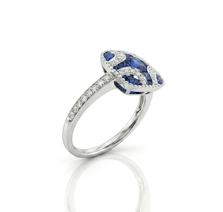 Blue Sapphire & Diamond Ring | 18K White Gold | 1.02CT Sapphire & .23CT Diamond Accent Ring | Vintage-Inspired Cushion Halo - Brownee Jewelers