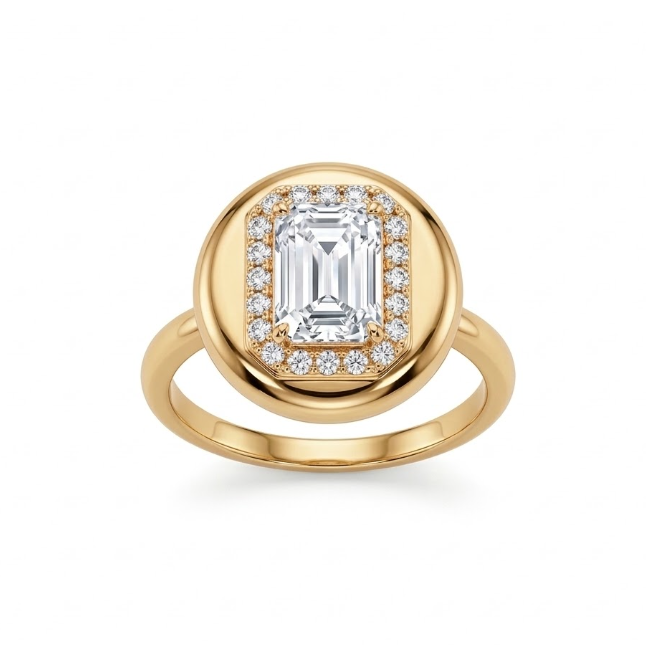 Emerald-Cut Lab-Grown Diamond Halo Ring | 14K Yellow Gold | Diamond | Halo | Engagement Ring - Brownee Jewelers