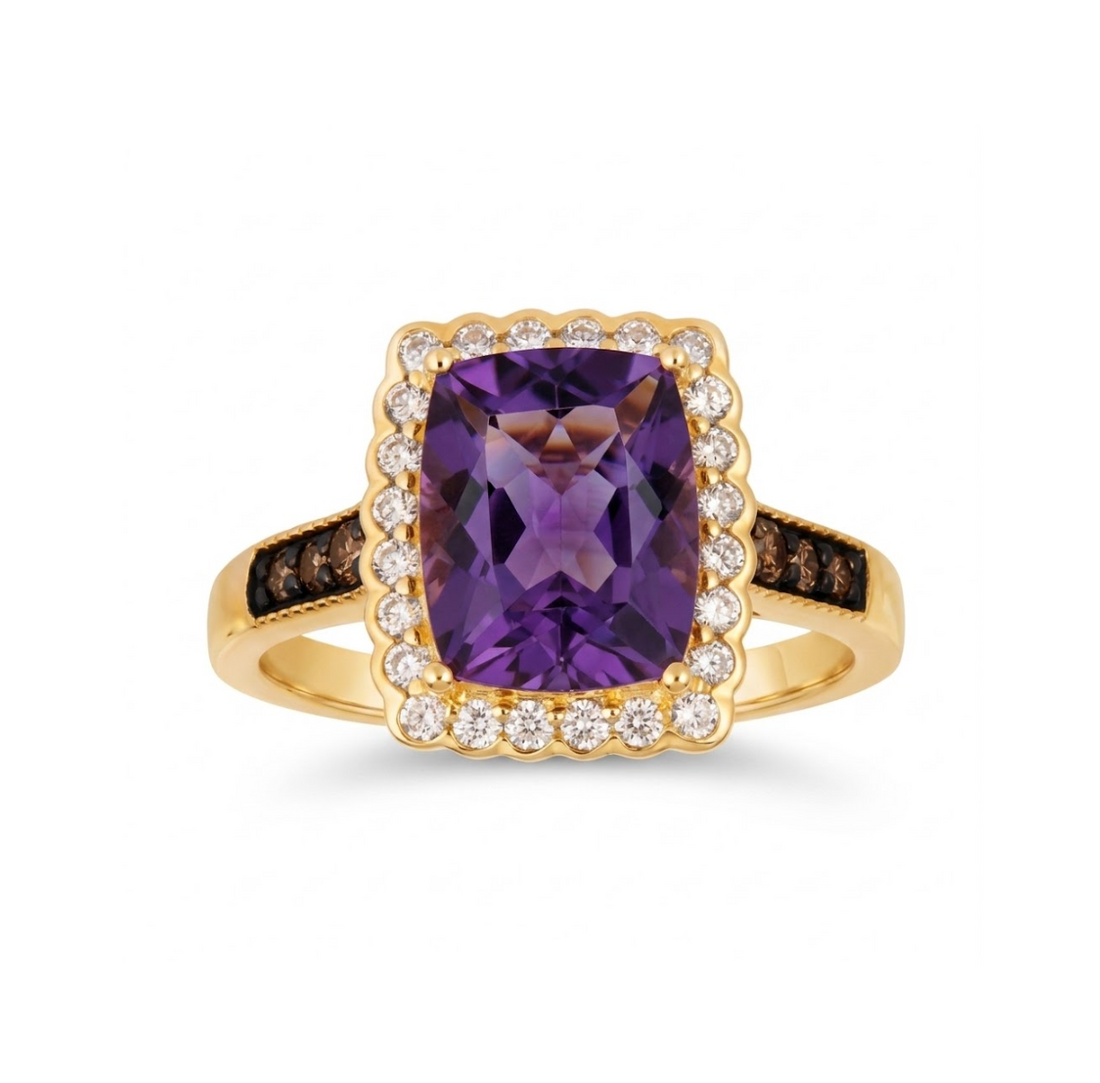 Cushion Grape Amethyst & Diamond Halo Ring | 14K Yellow Gold | Chocolate & Vanilla Diamonds® | BVRI 12 - Brownee Jewelers