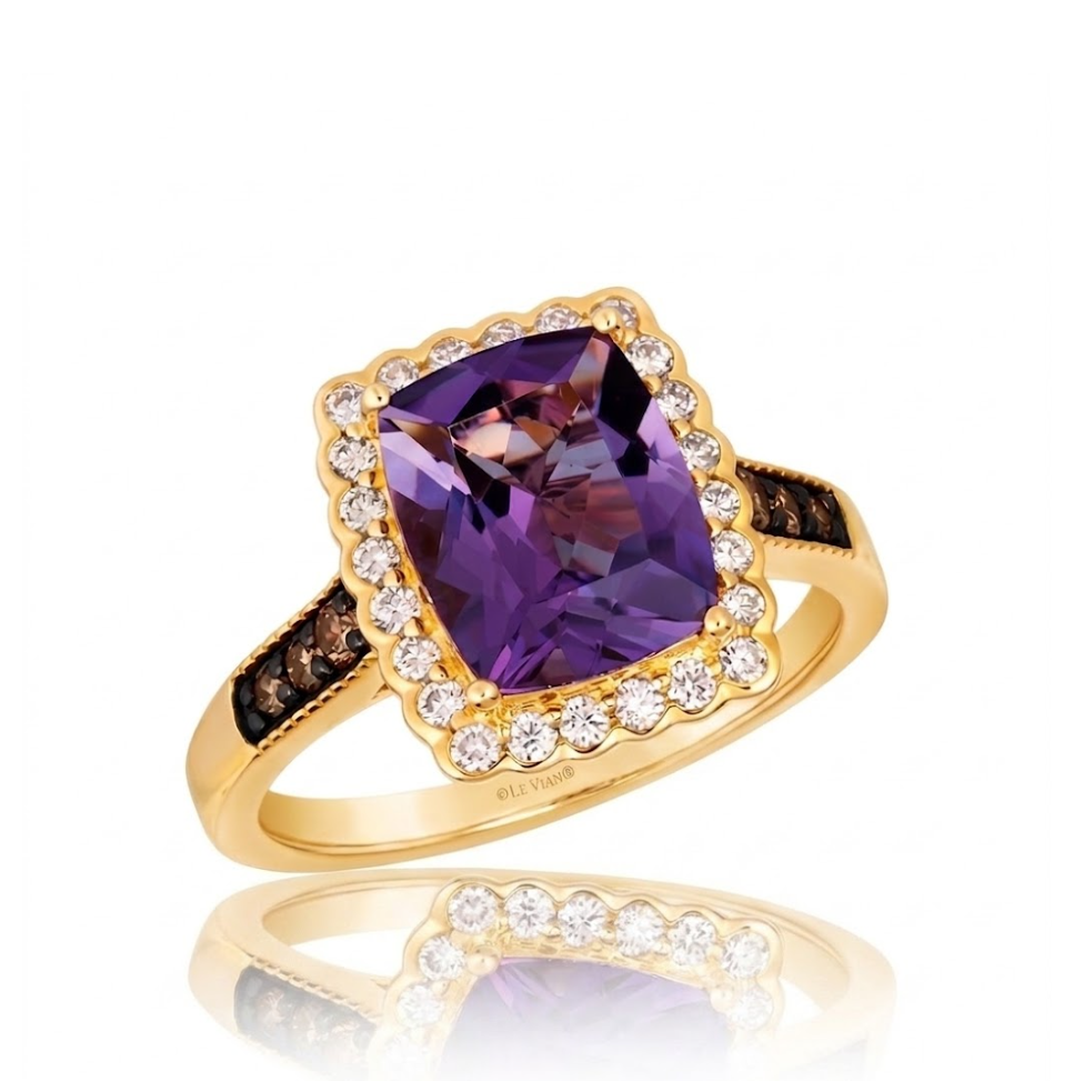 Cushion Grape Amethyst & Diamond Halo Ring | 14K Yellow Gold | Chocolate & Vanilla Diamonds® | BVRI 12 - Brownee Jewelers