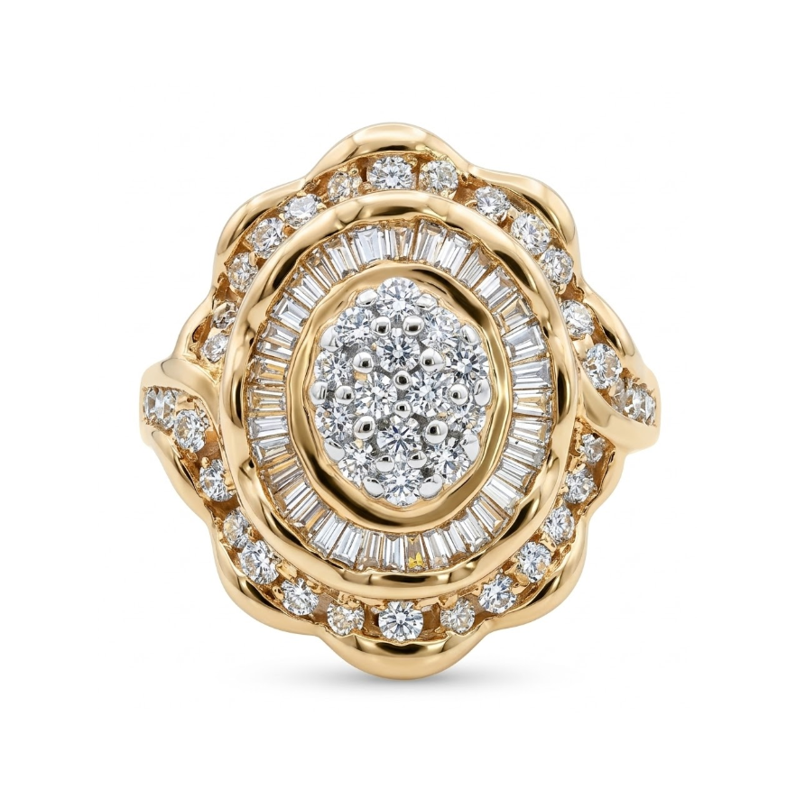 Round & Baguette Diamond Cluster Cocktail Ring | 14K Yellow Gold | Statement Ring - Brownee Jewelers
