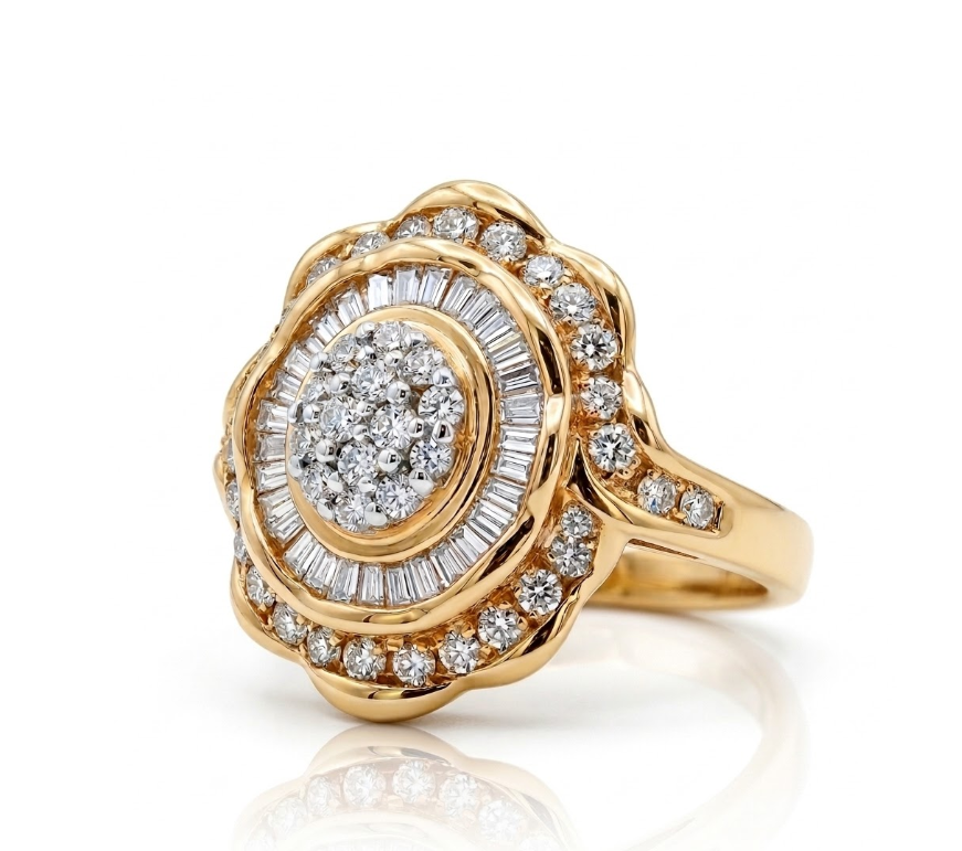 Round & Baguette Diamond Cluster Cocktail Ring | 14K Yellow Gold | Statement Ring - Brownee Jewelers