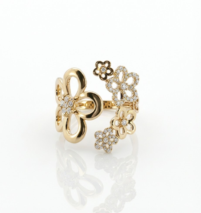 Diamond Floral Openwork Wide Ring | 14K Yellow Gold | Statement Fashion Ring - Brownee Jewelers