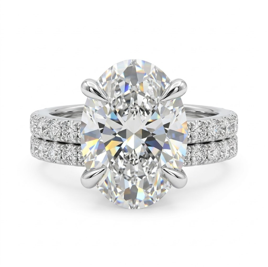 Oval Lab-Grown Diamond Bridal Ring Set | 14K White Gold | 4.01 ct Center | F Color, VS1 | Pavé Engagement Ring & Band - Brownee Jewelers