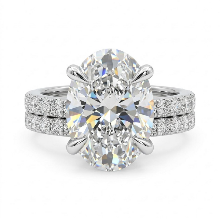 Oval Lab-Grown Diamond Bridal Ring Set | 14K White Gold | 4.01 ct Center | F Color, VS1 | Pavé Engagement Ring & Band - Brownee Jewelers