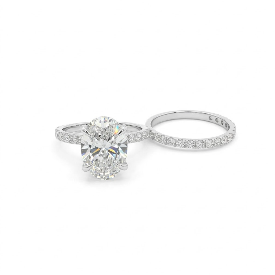 Oval Lab-Grown Diamond Bridal Ring Set | 14K White Gold | 4.01 ct Center | F Color, VS1 | Pavé Engagement Ring & Band - Brownee Jewelers