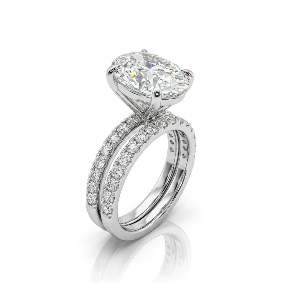 Oval Lab-Grown Diamond Bridal Ring Set | 14K White Gold | 4.01 ct Center | F Color, VS1 | Pavé Engagement Ring & Band - Brownee Jewelers