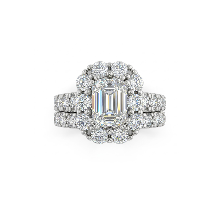 Emerald Cut Lab-Grown Diamond Halo Bridal Ring Set | 14K White Gold | Engagement Ring Set | Double Pavé Bands - Brownee Jewelers