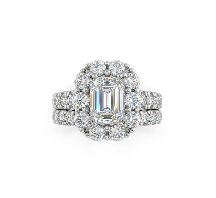 Emerald Cut Lab-Grown Diamond Halo Bridal Ring Set | 14K White Gold | Engagement Ring Set | Double Pavé Bands - Brownee Jewelers