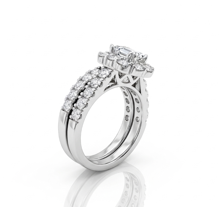 Emerald Cut Lab-Grown Diamond Halo Bridal Ring Set | 14K White Gold | Engagement Ring Set | Double Pavé Bands - Brownee Jewelers